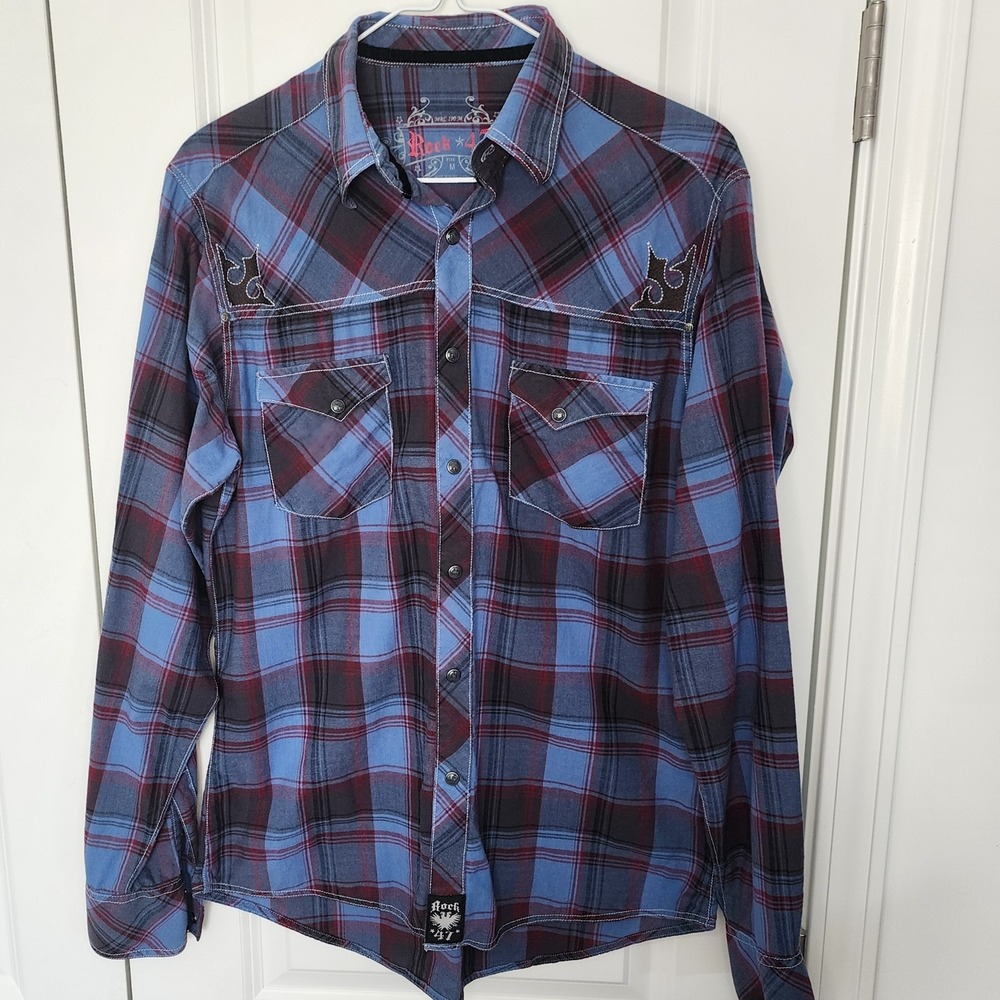 Rock 47 by Wrangler Plaid Western Shirt Mens Medium Blue Maroon Embroidered